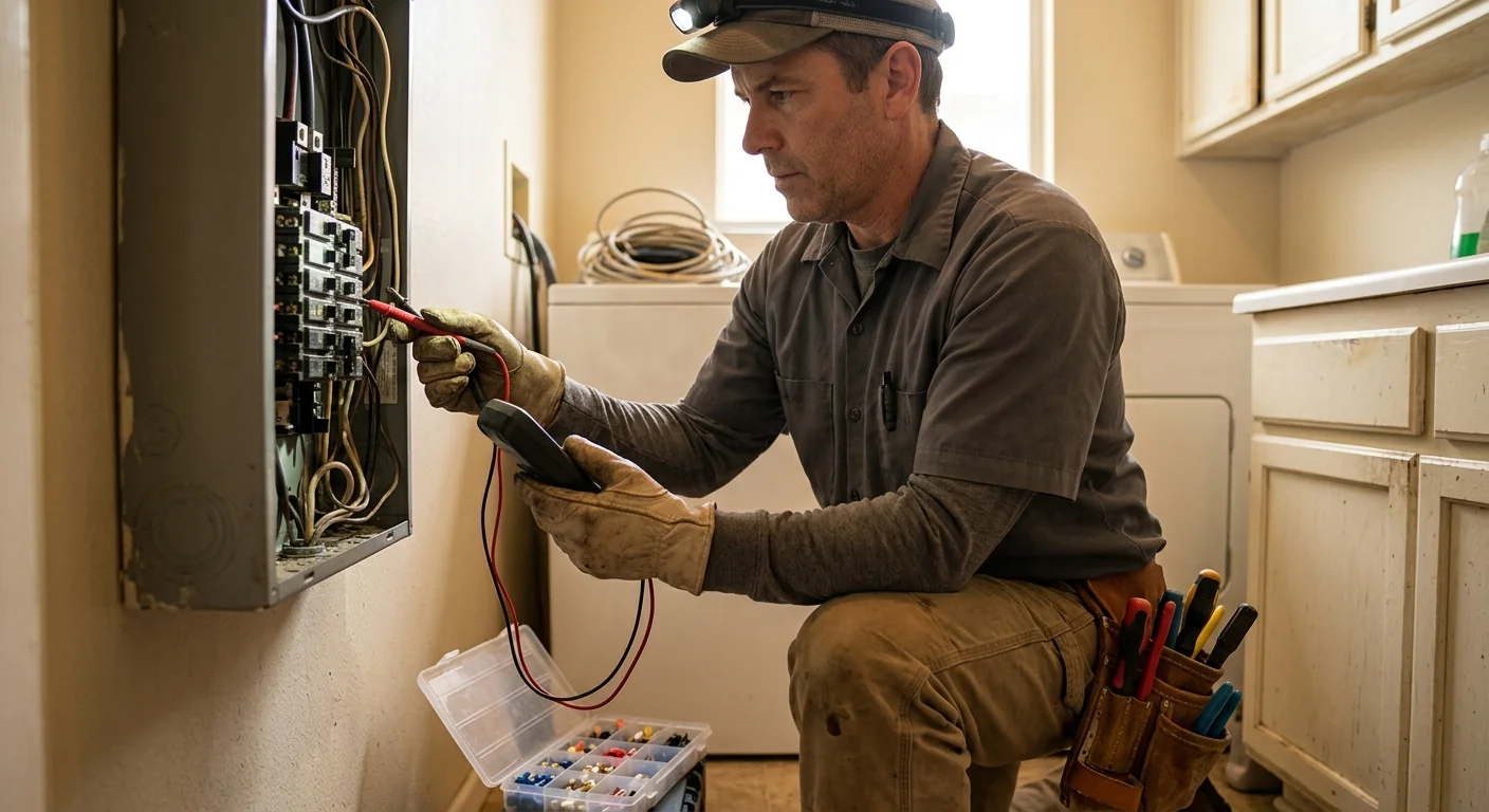 Homeowner checking a darkened panel during a San Leandro power outage