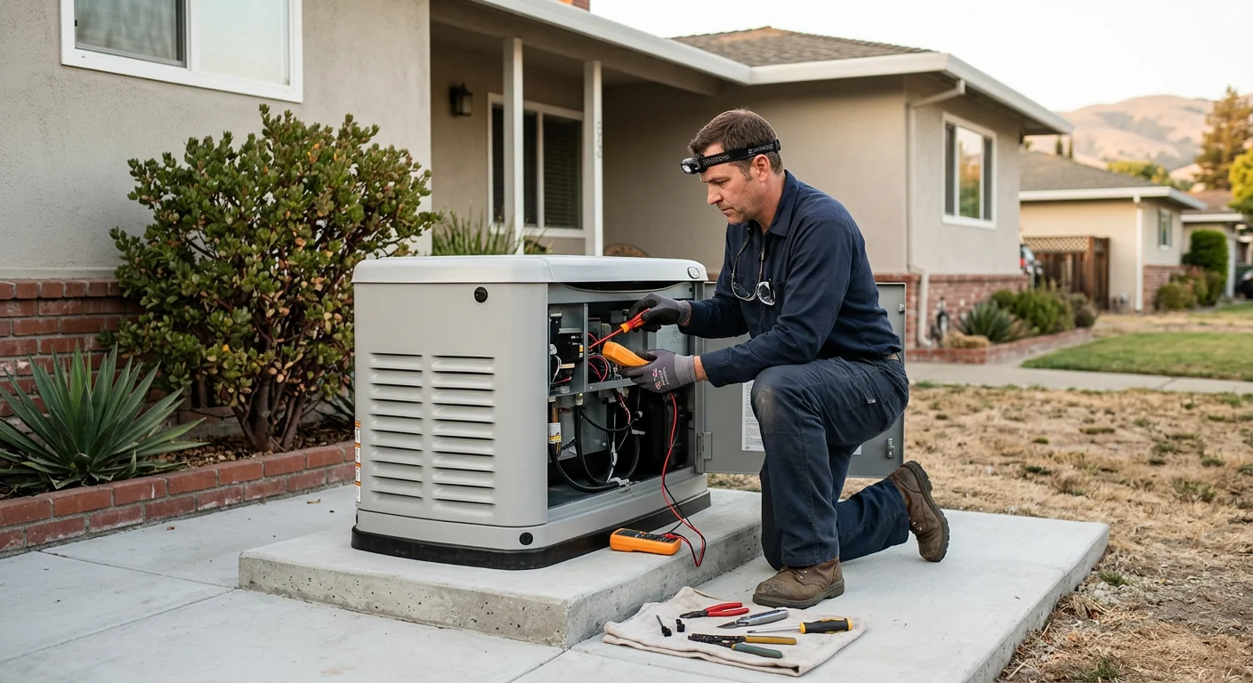 Standby generator set on a concrete pad beside a San Leandro home