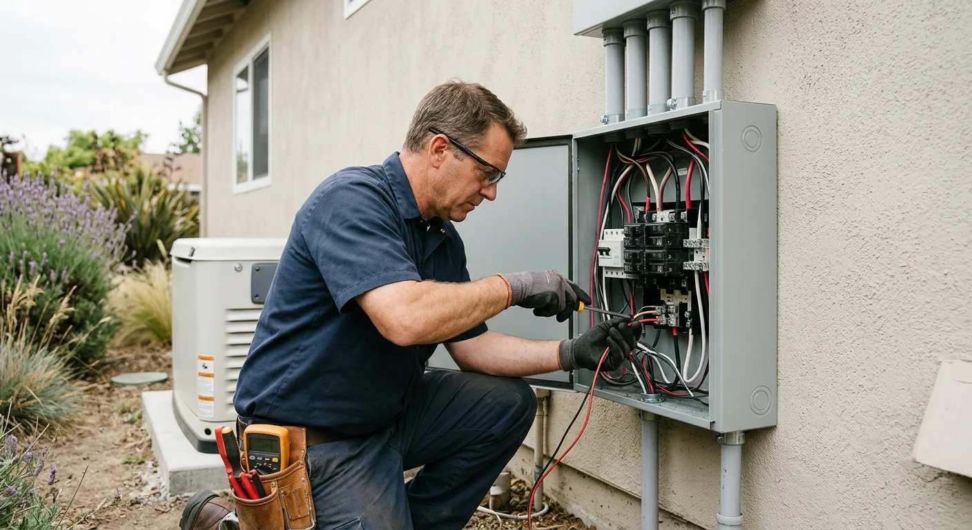 Technician wiring an automatic transfer switch during a generator hookup