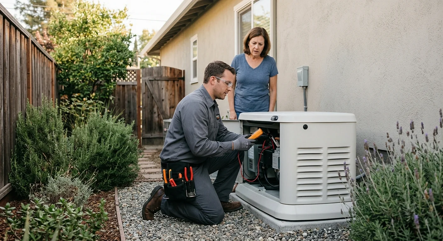 Wide view of a whole-house generator installed in a residential side yard
