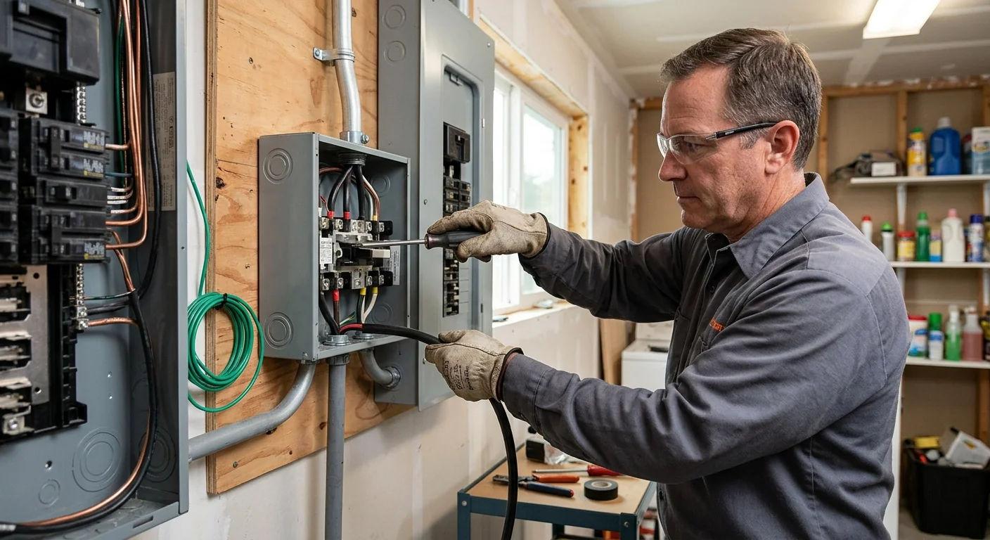 Close-up of a load-bearing transfer switch mounted near an electrical panel