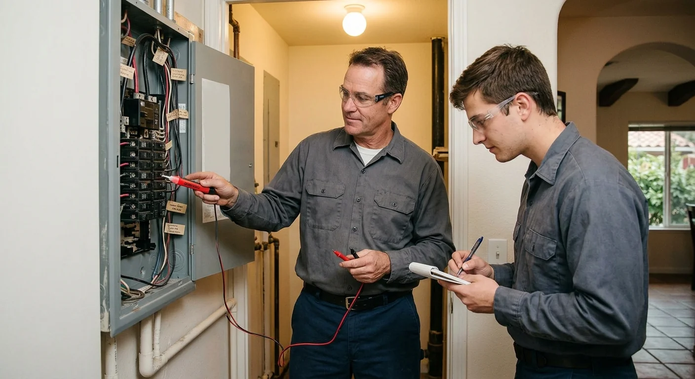 San Leandro electrician explaining generator transfer switch operation to a homeowner during a post-job walkthrough