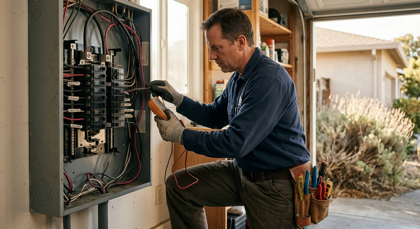 Electrician reviewing a house rewiring estimate with a homeowner in San Leandro