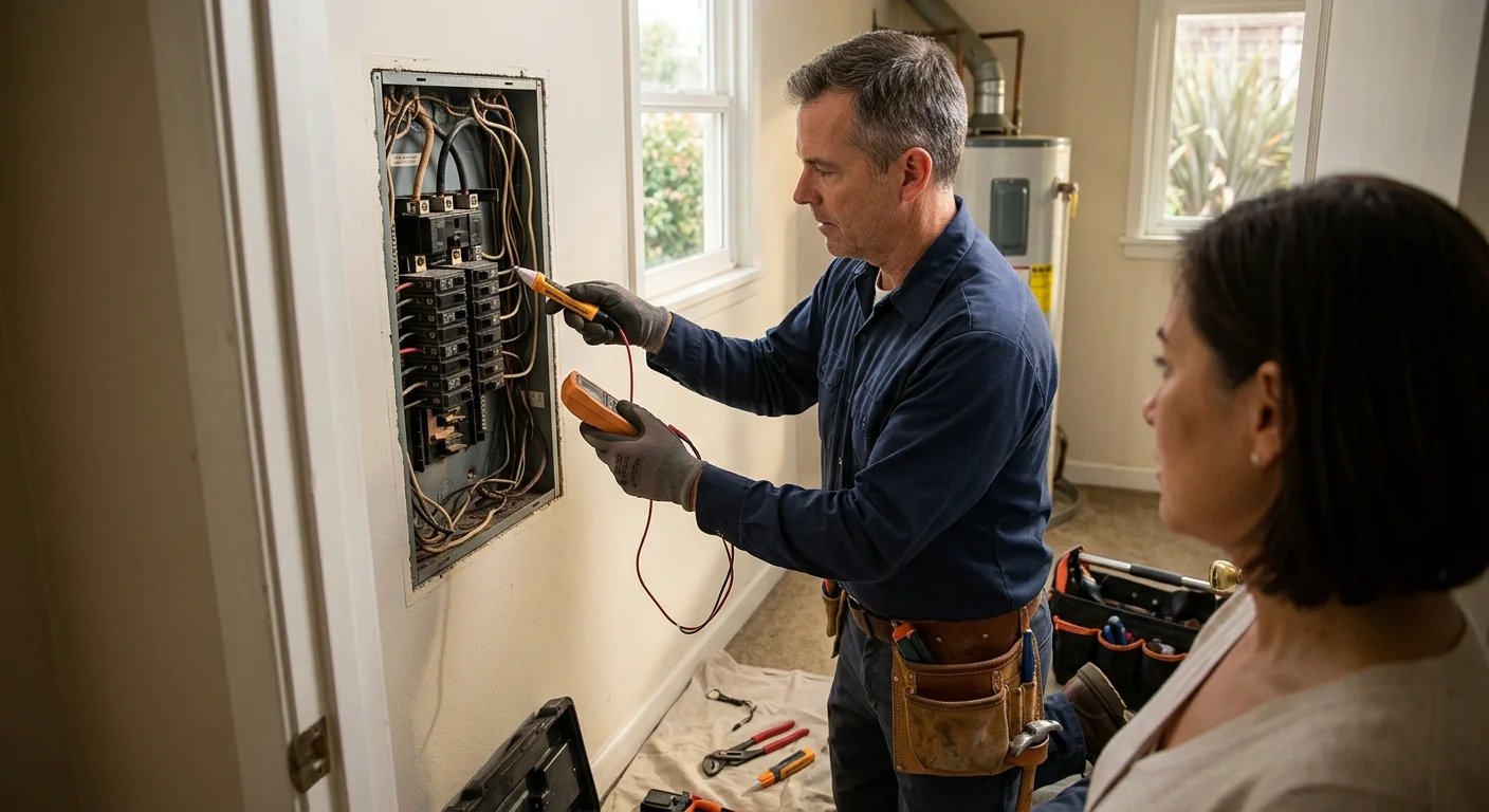 Electrician reviewing rewiring plans beside an open electrical panel in a San Leandro home