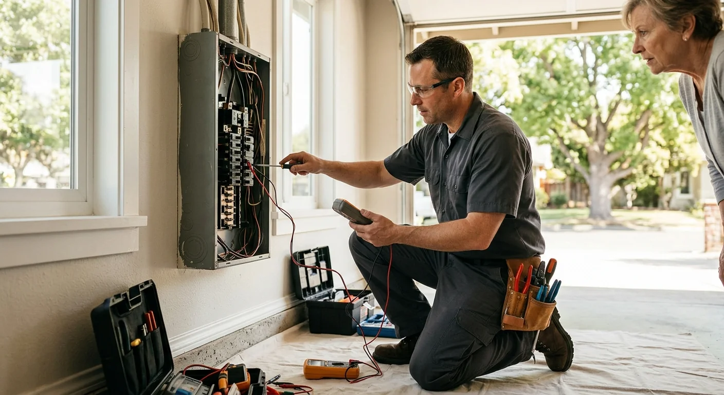 Electrician replacing old branch wiring inside a San Leandro home during a rewiring project