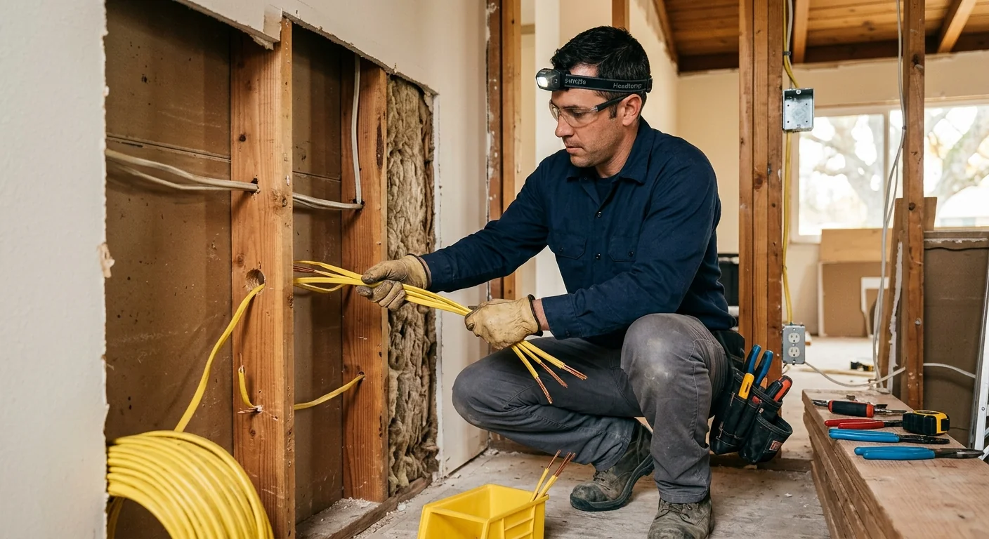 Electrician pulling new copper branch circuit wiring through an open wall cavity
