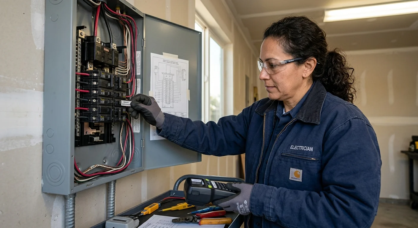 Technician labeling refreshed circuit breakers inside an upgraded residential panel