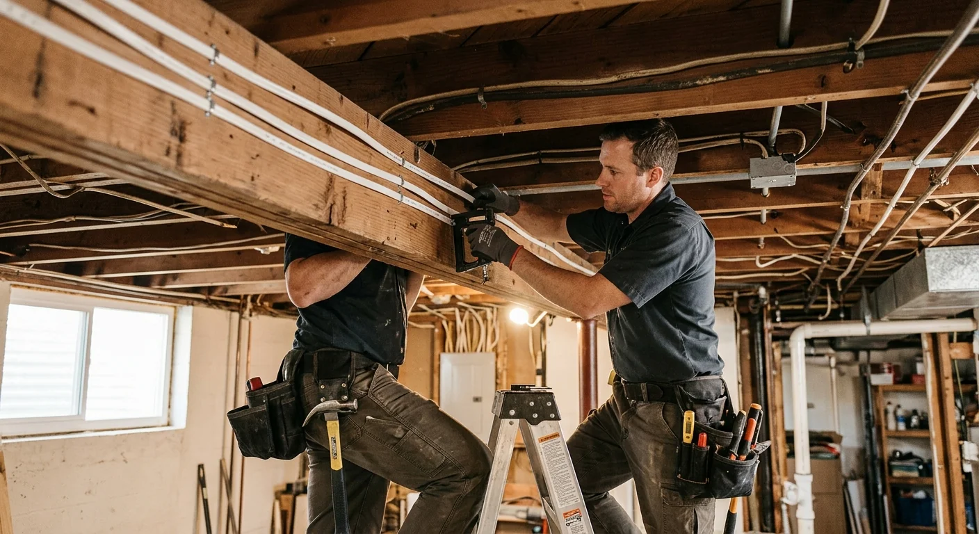 New romex cable runs stapled along ceiling joists during a whole-home rewire