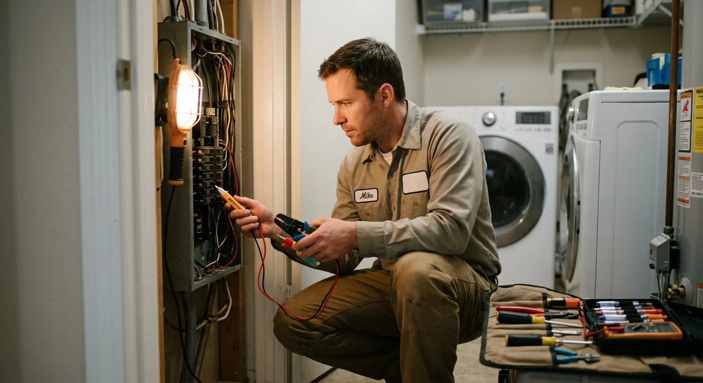Technician reviewing rewiring documentation and panel schedule with a San Leandro homeowner