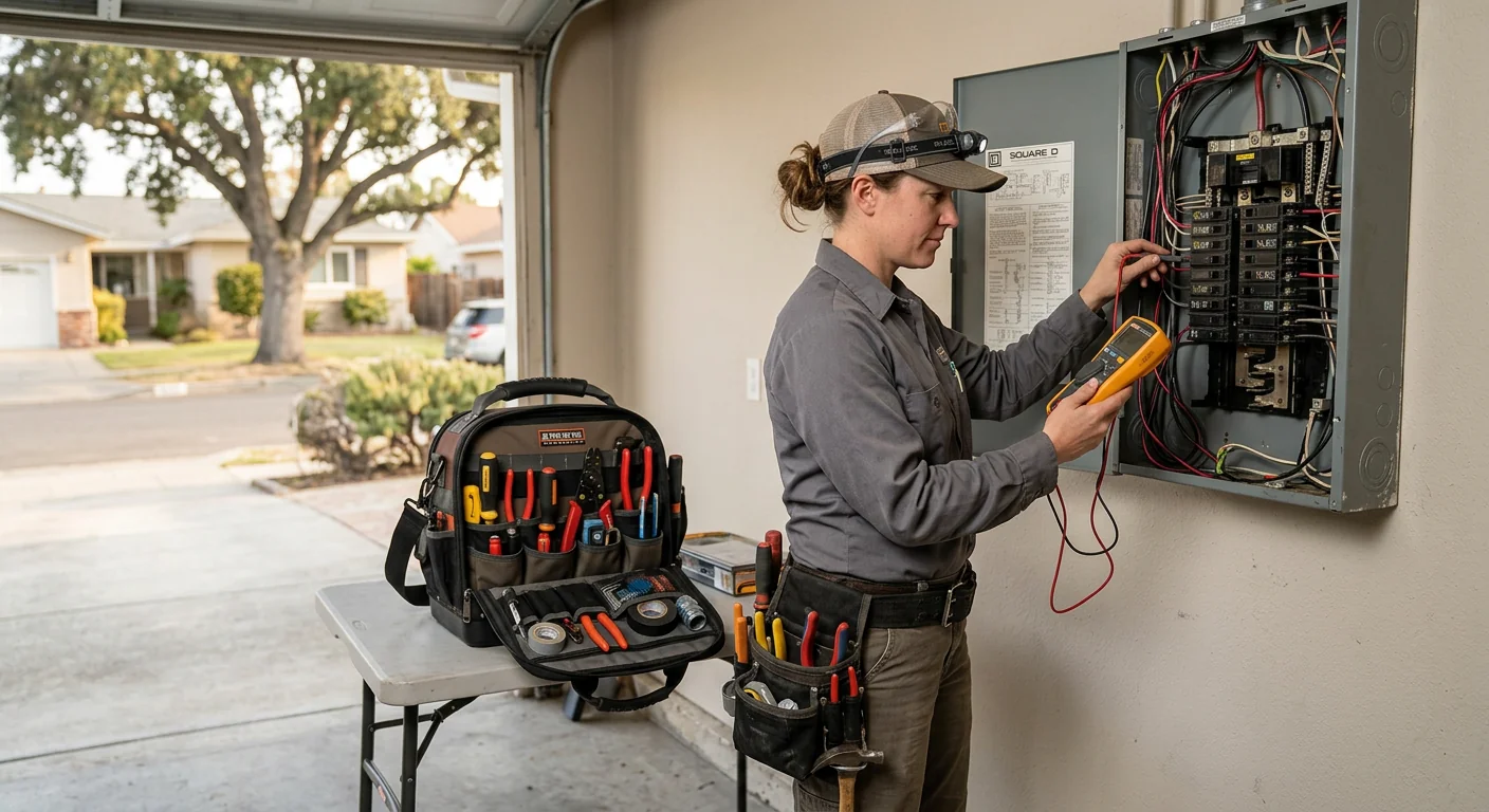 Technician reviewing a written lighting estimate with a homeowner at a kitchen table