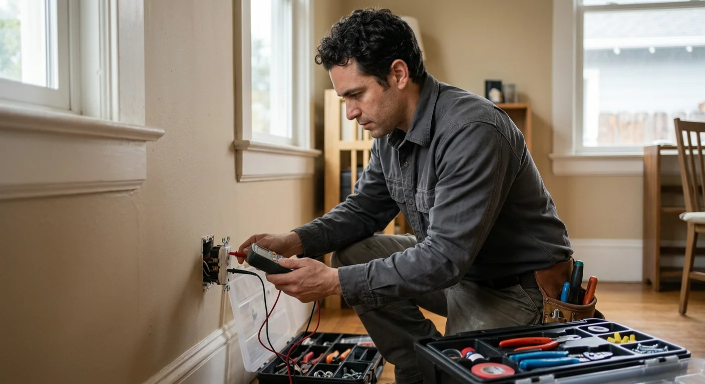 Electrician installing recessed ceiling lights in a San Leandro living room