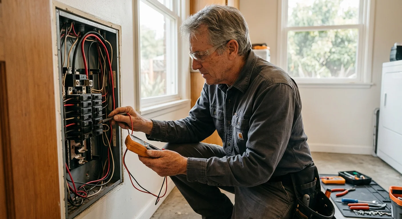 Electrician reviewing lighting layout options with homeowner in a bright San Leandro kitchen