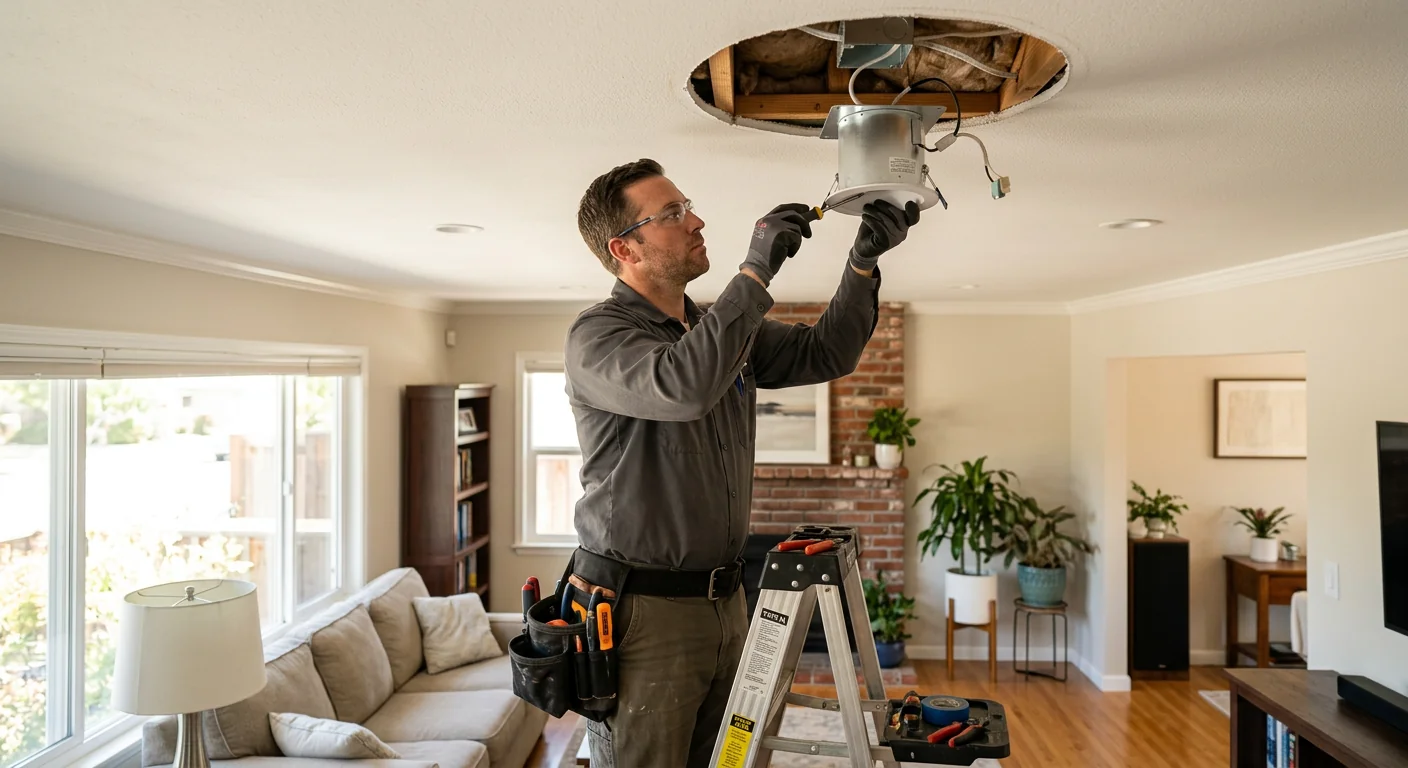Technician mounting recessed can lighting into a San Leandro living room ceiling