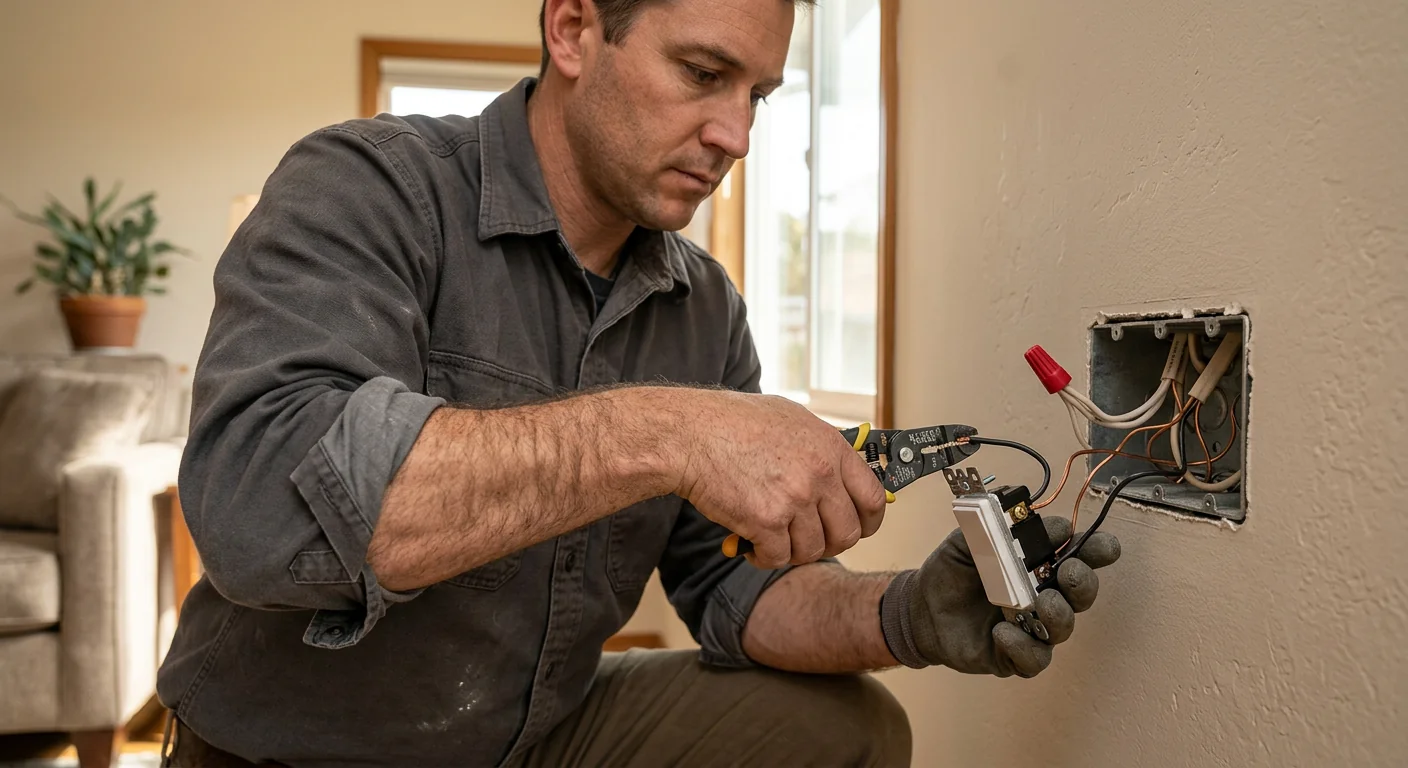 Close-up of dimmer switch wiring during a residential lighting upgrade
