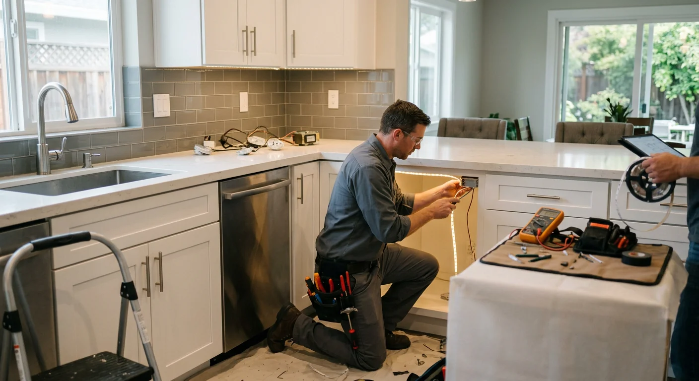 Wide shot of updated kitchen with new under-cabinet task lighting installed