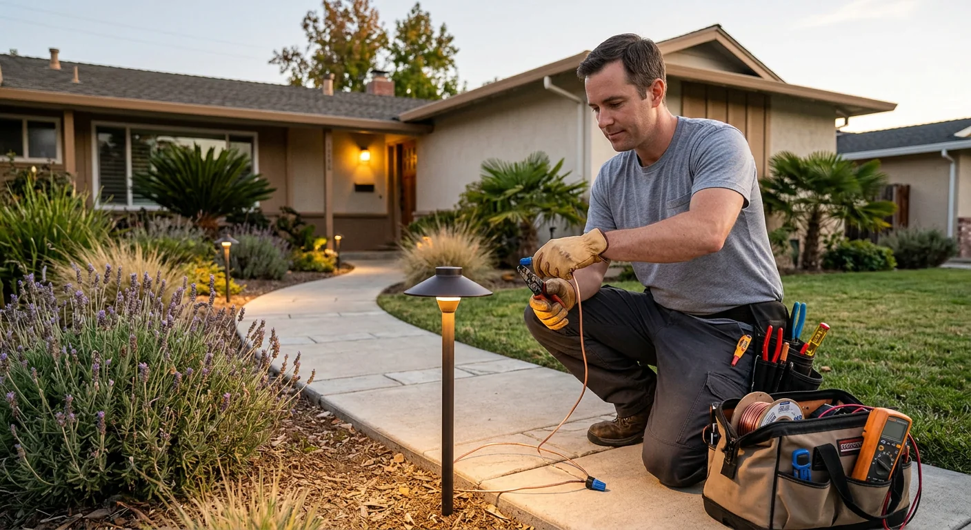 Outdoor pathway and landscape fixtures glowing along a San Leandro home walkway