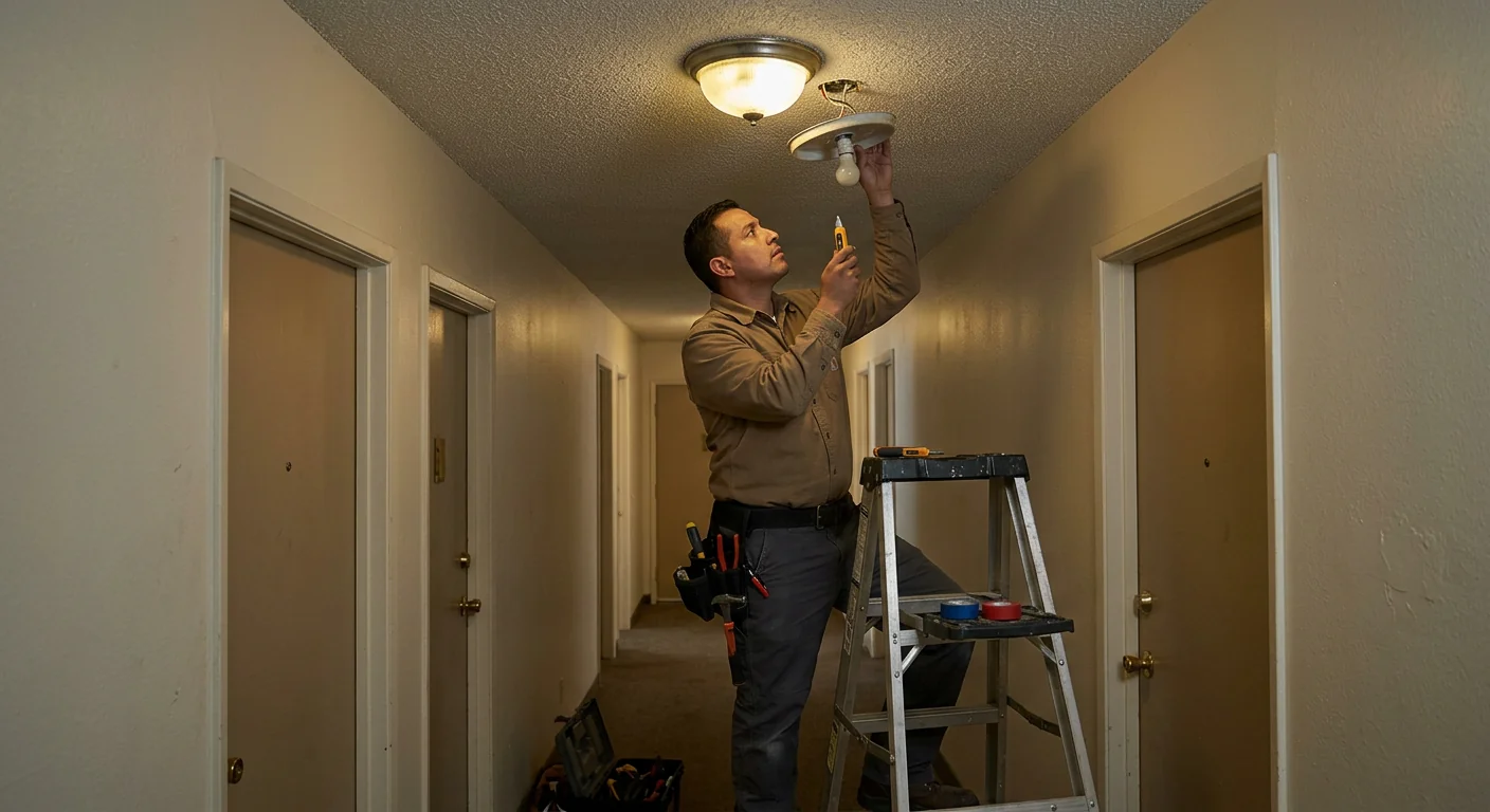 Before context of a dim hallway awaiting new energy efficient fixtures