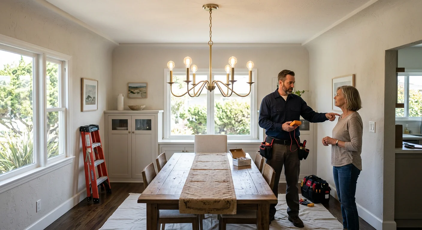 Finished dining room chandelier centered above a table after professional installation