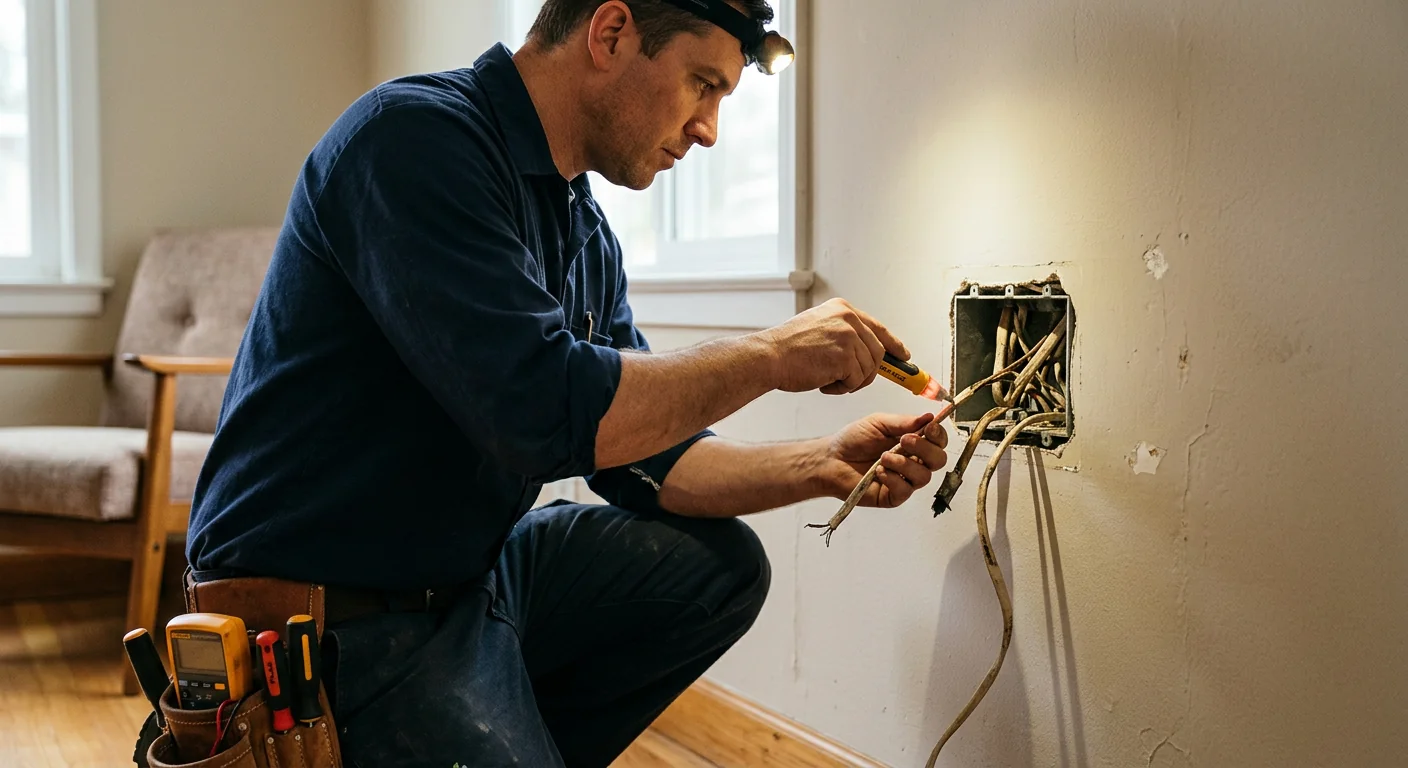 Electrician installing a new grounded wall outlet in a San Leandro home