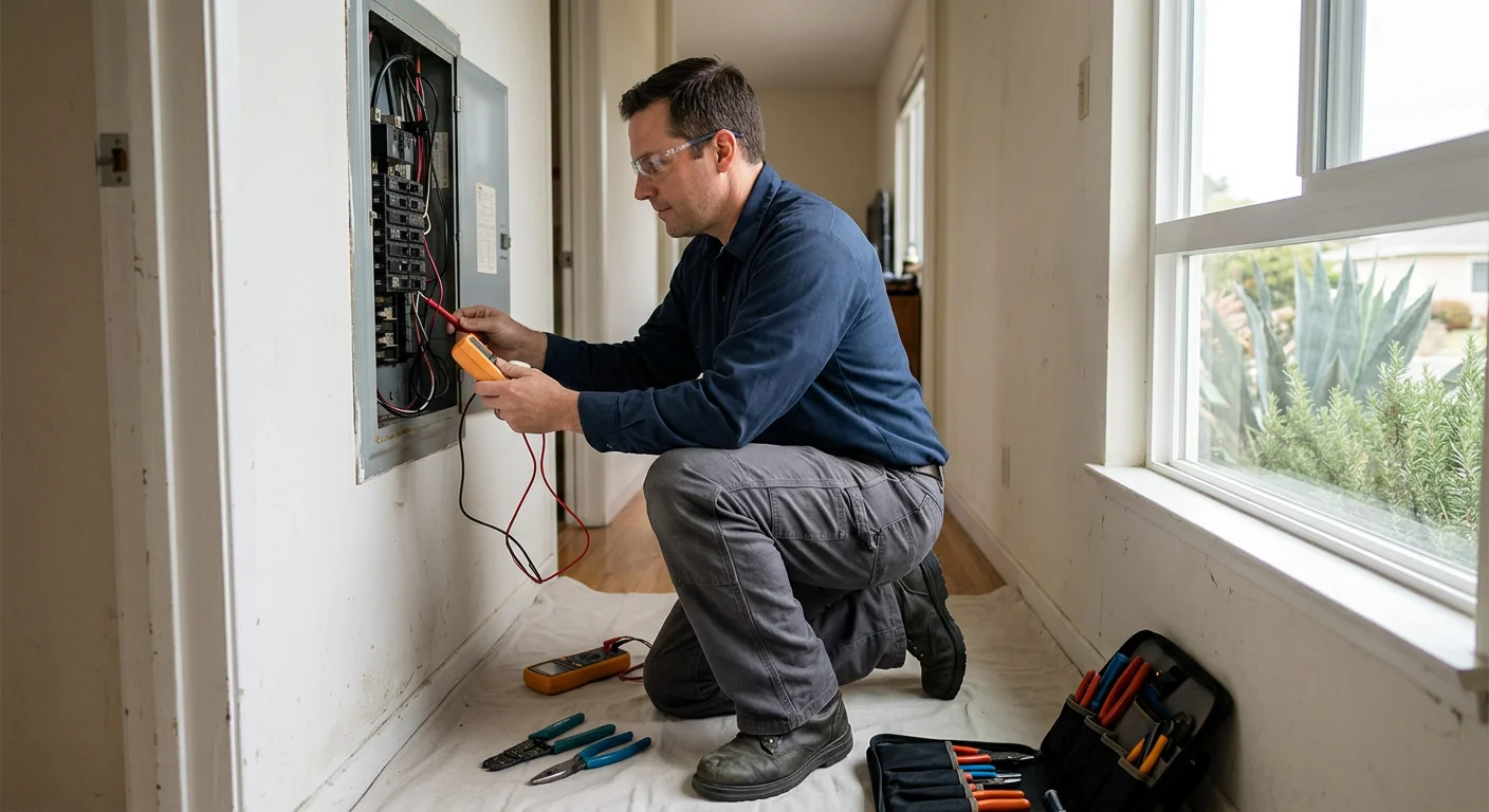 Electrician reviewing an outlet installation plan on a clipboard inside a San Leandro home