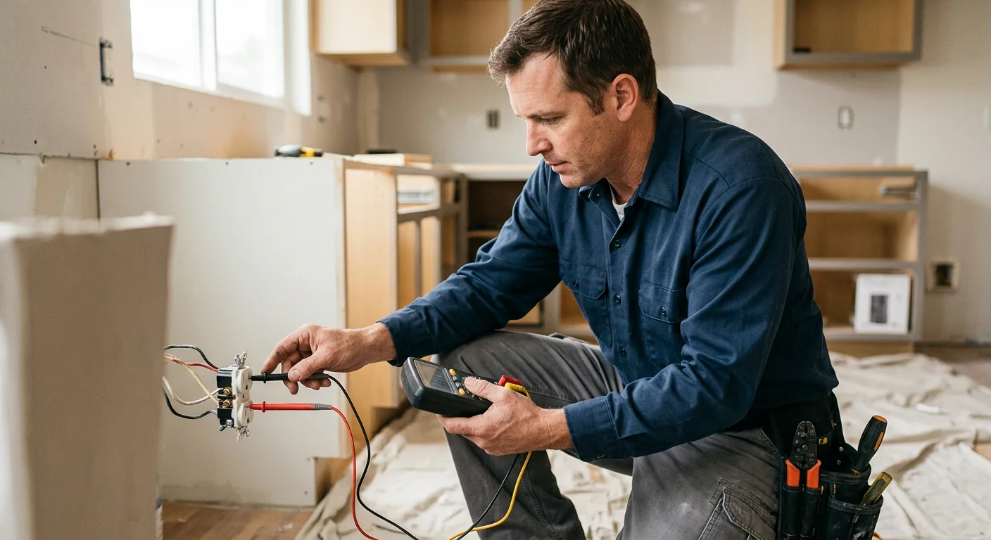 Electrician testing outlet voltage with a multimeter during a San Leandro kitchen upgrade