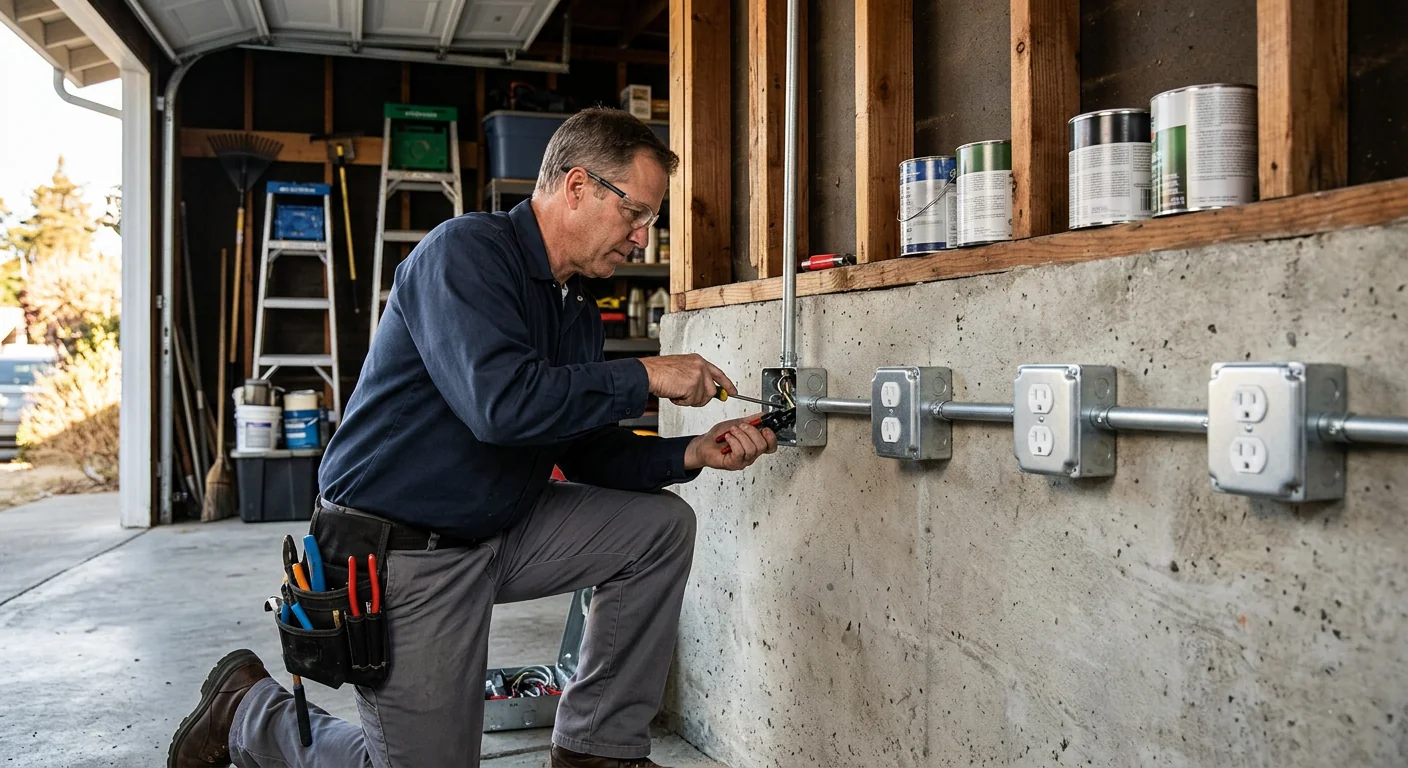 Wide shot of a garage wall with several new grounded outlets mounted along conduit
