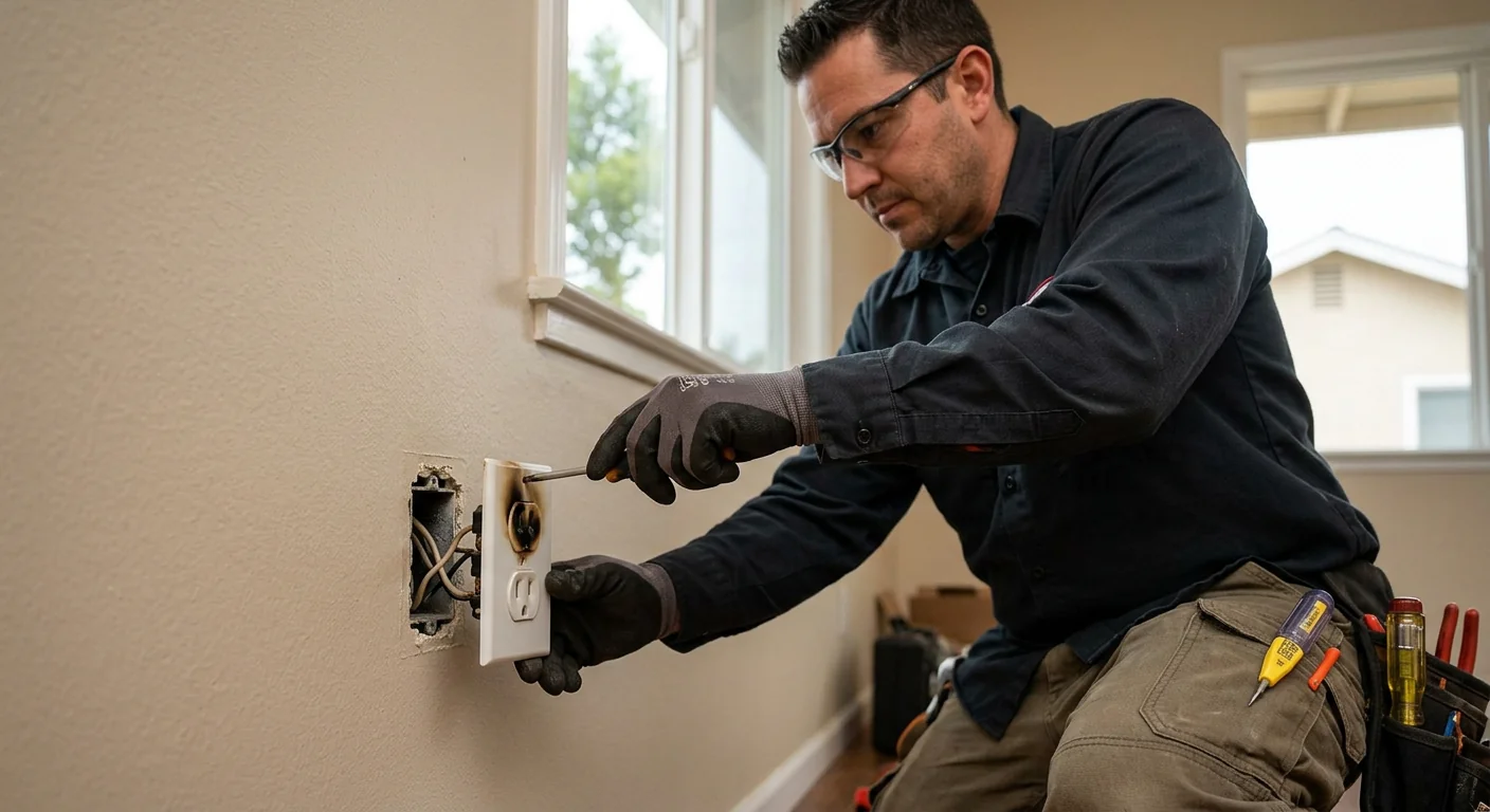 Before context showing a scorched two-prong receptacle awaiting safe replacement