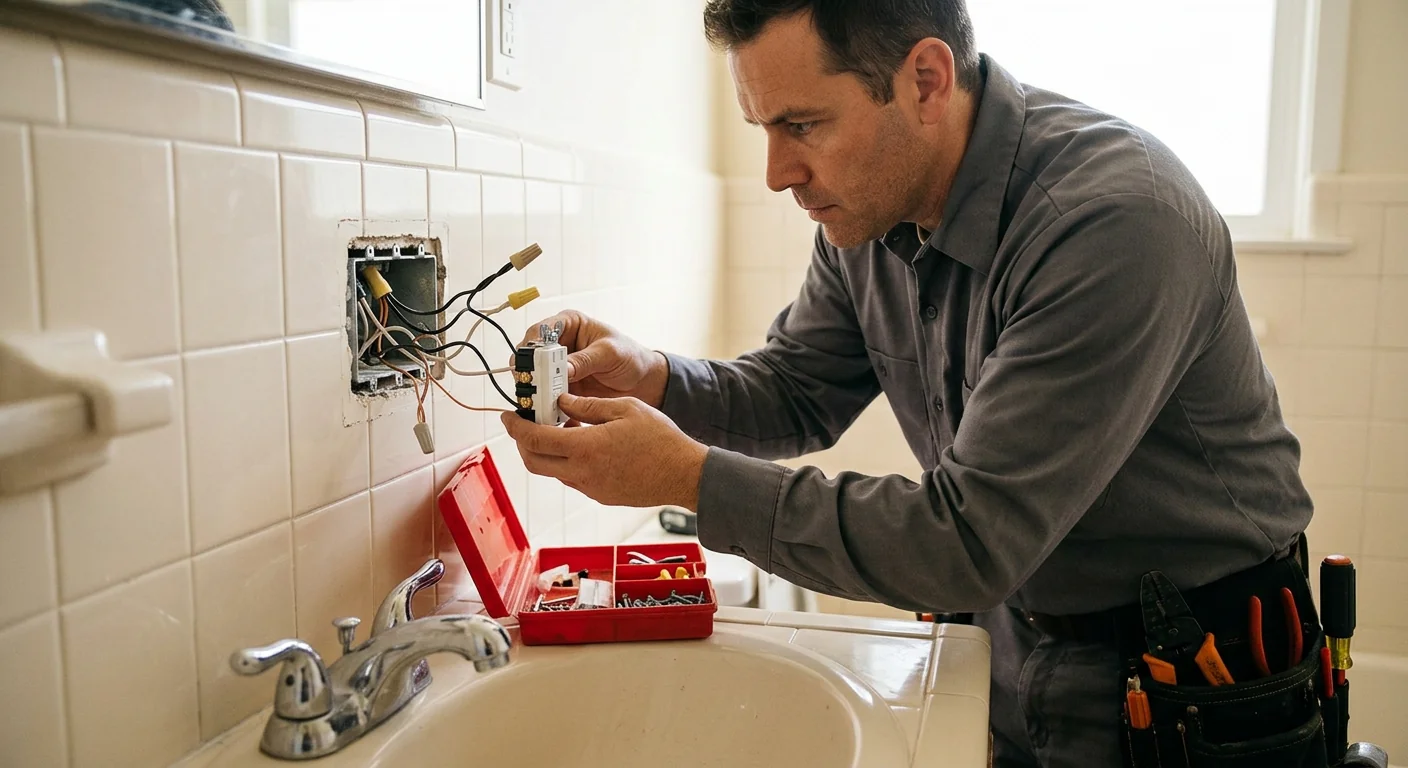 GFCI outlet installation in progress near a bathroom sink with wiring exposed