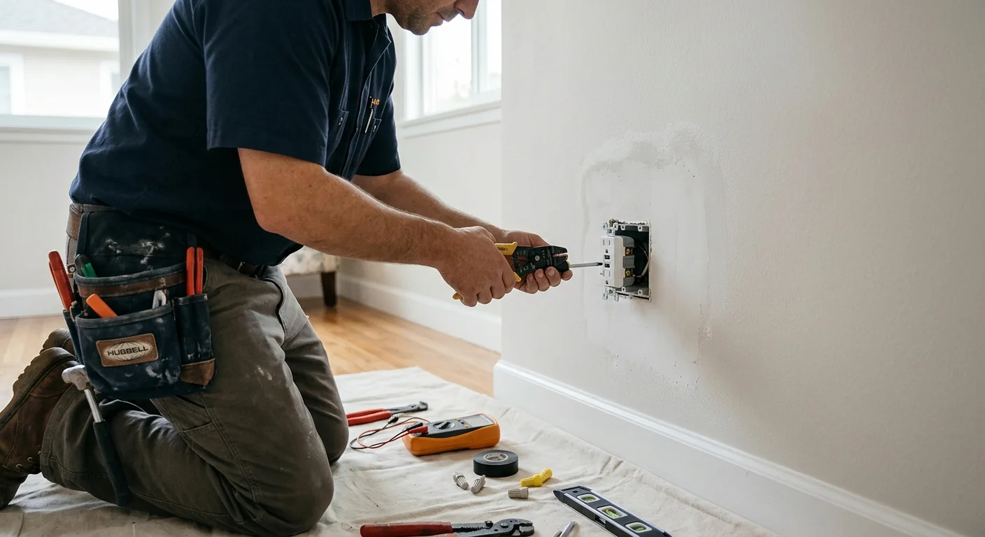 Neatly finished USB outlet flush against a freshly patched bedroom wall