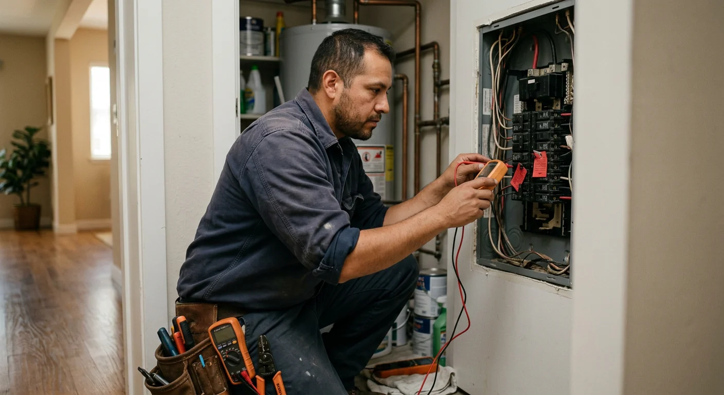 San Leandro electrician testing a repaired outlet with a circuit analyzer during a walkthrough